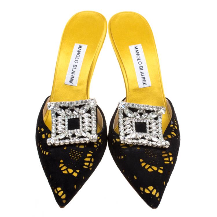 Pre Owned Manolo Blahnik Yellow Satin and Laser Cut Suede Borli Crystal Embellished Mules Size 39