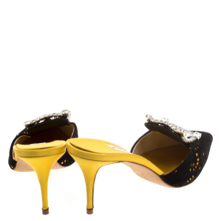Pre Owned Manolo Blahnik Yellow Satin and Laser Cut Suede Borli Crystal Embellished Mules Size 39
