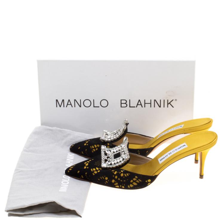 Pre Owned Manolo Blahnik Yellow Satin and Laser Cut Suede Borli Crystal Embellished Mules Size 39