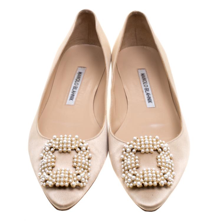 Pre Owned Manolo Blahnik Beige Satin Hangisi Ballet Flats Size 37.5