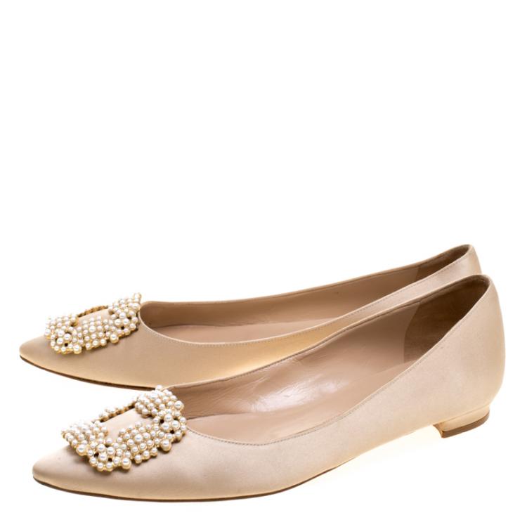 Pre Owned Manolo Blahnik Beige Satin Hangisi Ballet Flats Size 37.5