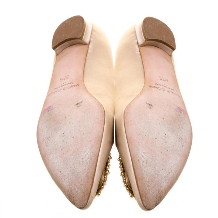 Pre Owned Manolo Blahnik Beige Satin Hangisi Ballet Flats Size 37.5