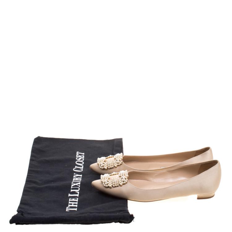 Pre Owned Manolo Blahnik Beige Satin Hangisi Ballet Flats Size 37.5