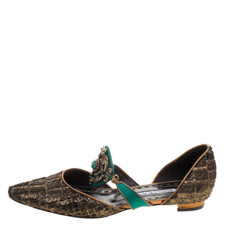 Pre Owned Manolo Blahnik Two Tone Metallic Pony Hair Crystal Embellished D'orsay Flats Size 36