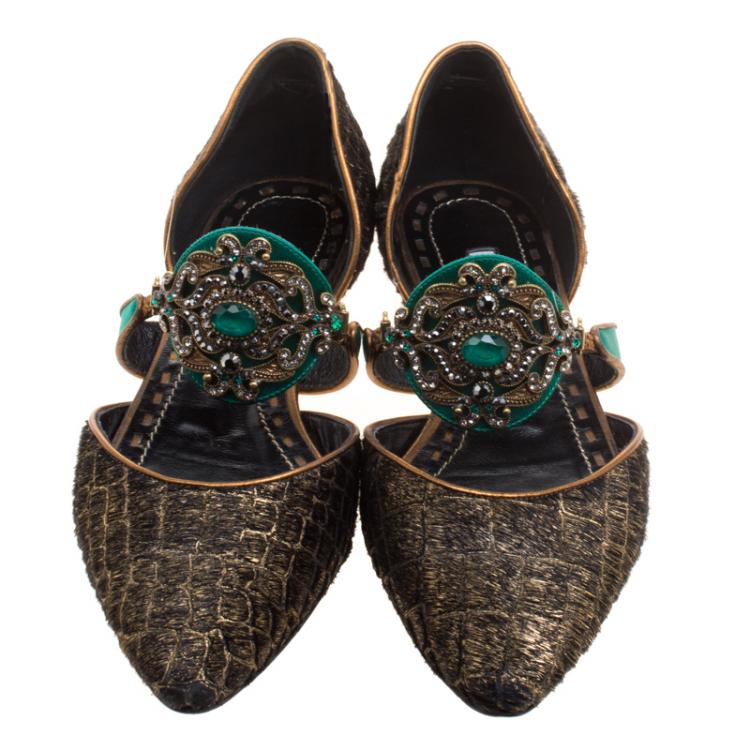 Pre Owned Manolo Blahnik Two Tone Metallic Pony Hair Crystal Embellished D'orsay Flats Size 36