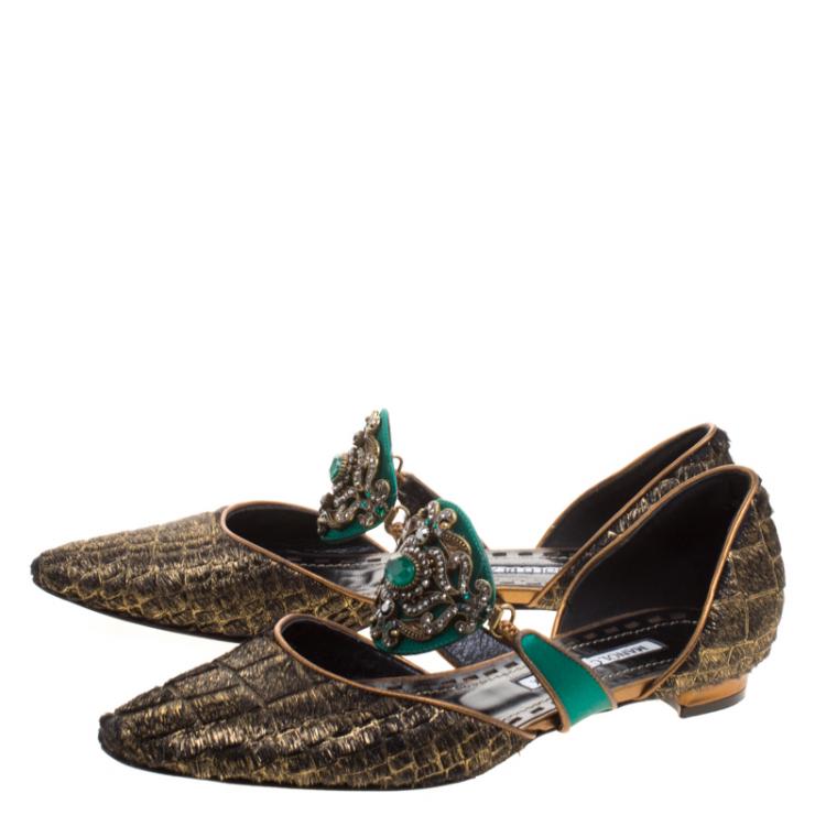 Pre Owned Manolo Blahnik Two Tone Metallic Pony Hair Crystal Embellished D'orsay Flats Size 36