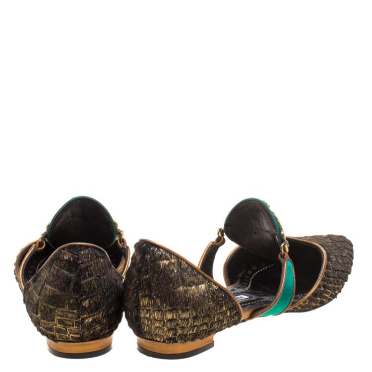 Pre Owned Manolo Blahnik Two Tone Metallic Pony Hair Crystal Embellished D'orsay Flats Size 36