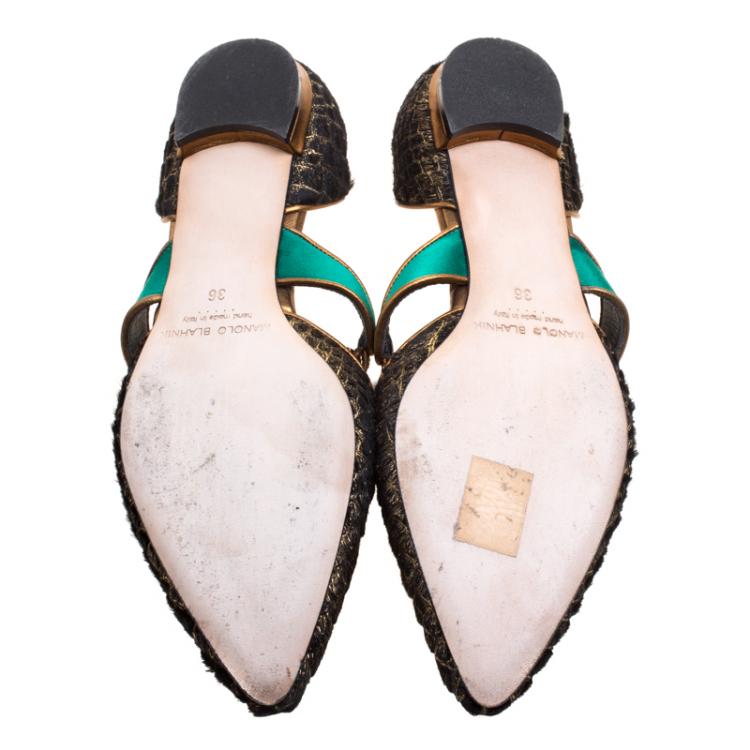Pre Owned Manolo Blahnik Two Tone Metallic Pony Hair Crystal Embellished D'orsay Flats Size 36