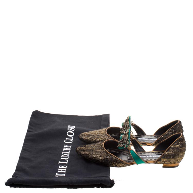 Pre Owned Manolo Blahnik Two Tone Metallic Pony Hair Crystal Embellished D'orsay Flats Size 36