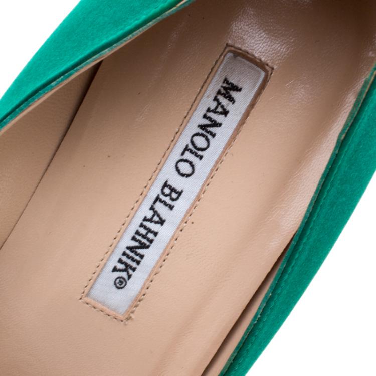 Pre Owned Manolo Blahnik Green Satin Hangisi Embellished Pumps Size 41