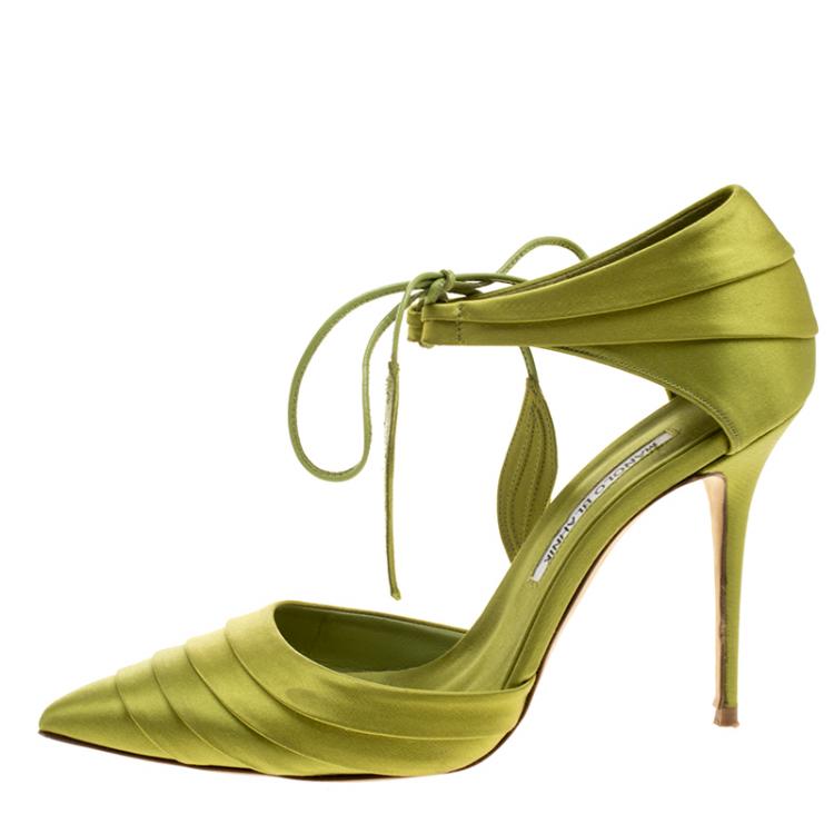Pre Owned Manolo Blahnik Green Pleated Satin Reya Pumps Size 37.5