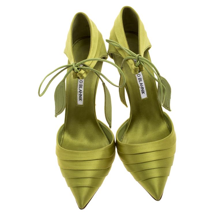 Pre Owned Manolo Blahnik Green Pleated Satin Reya Pumps Size 37.5
