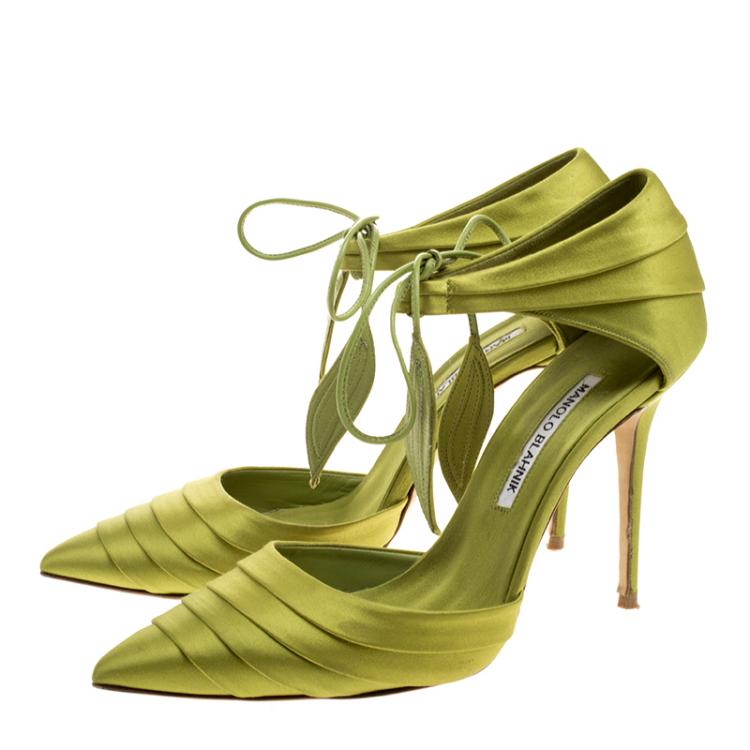 Pre Owned Manolo Blahnik Green Pleated Satin Reya Pumps Size 37.5