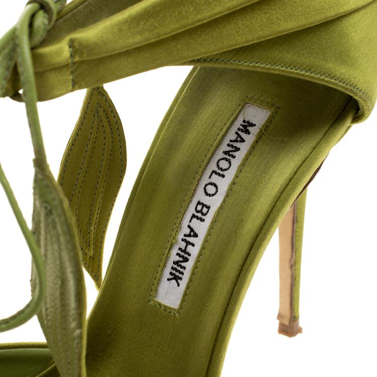 Pre Owned Manolo Blahnik Green Pleated Satin Reya Pumps Size 37.5