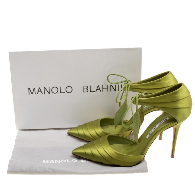 Pre Owned Manolo Blahnik Green Pleated Satin Reya Pumps Size 37.5