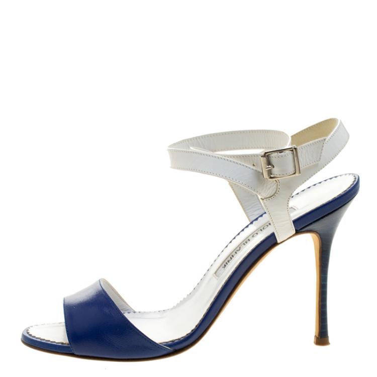 Pre Owned Manolo Blahnik Blue/White Leather Llonicabi Ankle Strap Sandals Size 35.5