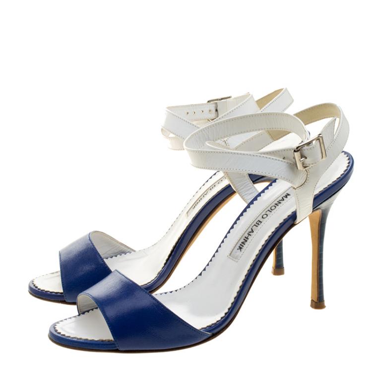 Pre Owned Manolo Blahnik Blue/White Leather Llonicabi Ankle Strap Sandals Size 35.5