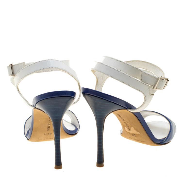 Pre Owned Manolo Blahnik Blue/White Leather Llonicabi Ankle Strap Sandals Size 35.5
