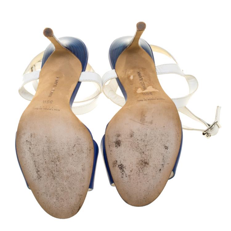 Pre Owned Manolo Blahnik Blue/White Leather Llonicabi Ankle Strap Sandals Size 35.5