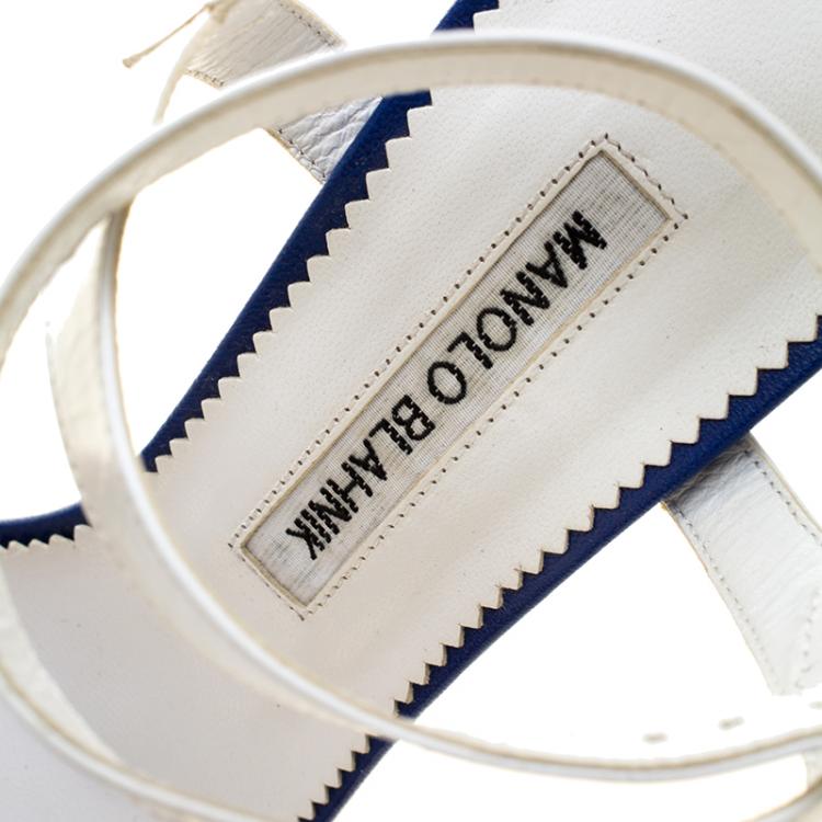 Pre Owned Manolo Blahnik Blue/White Leather Llonicabi Ankle Strap Sandals Size 35.5