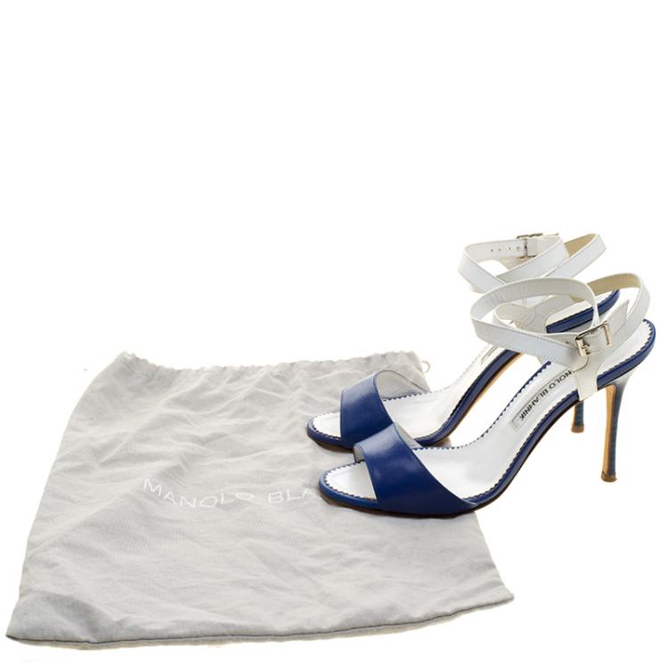 Pre Owned Manolo Blahnik Blue/White Leather Llonicabi Ankle Strap Sandals Size 35.5