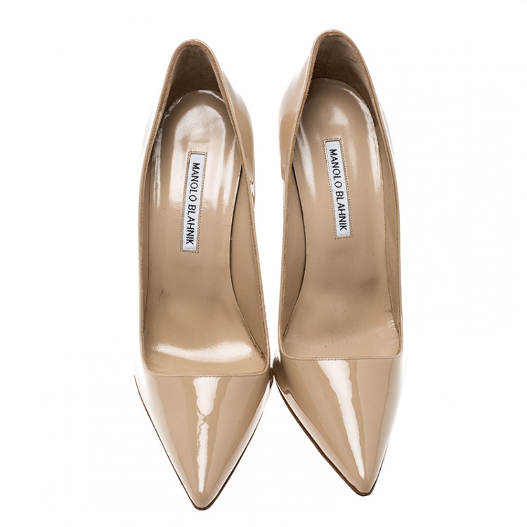 Pre Owned Manolo Blahnik Beige Patent Leather BB Pointed Toe Pumps Size 40