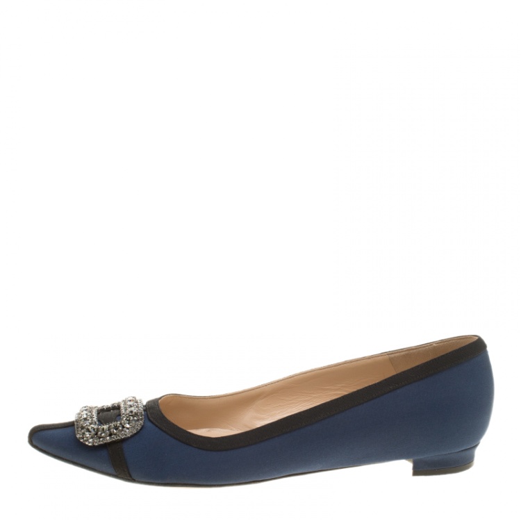 Pre Owned Manolo Blahnik Blue Satin Crystal Embellished Pointed Toe Flats Size 38.5 