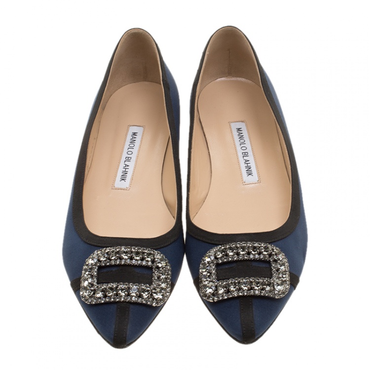 Pre Owned Manolo Blahnik Blue Satin Crystal Embellished Pointed Toe Flats Size 38.5 