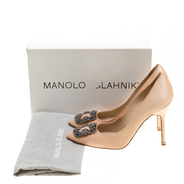 Pre Owned Manolo Blahnik Beige Satin Hangisi Crystal Embellished Pumps Size 38