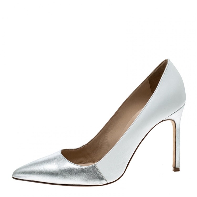 Pre Owned Manolo Blahnik Two Tone Leather BB Pointed Toe Pumps Size 36.5