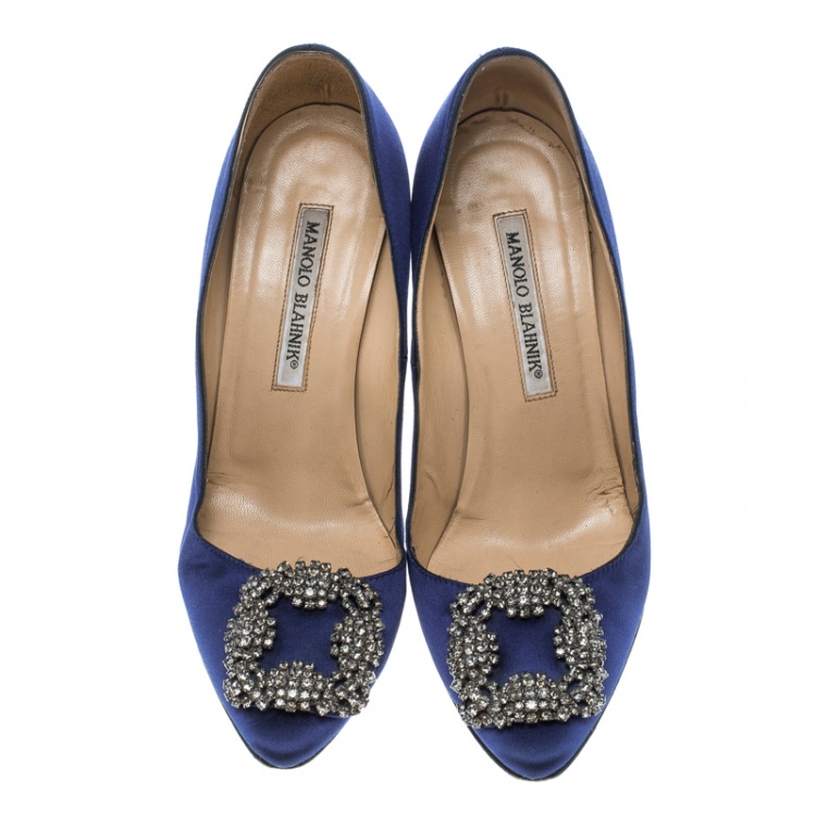 Pre Owned Manolo Blahnik Blue Embellished Satin Hangisi Pumps Size 37
