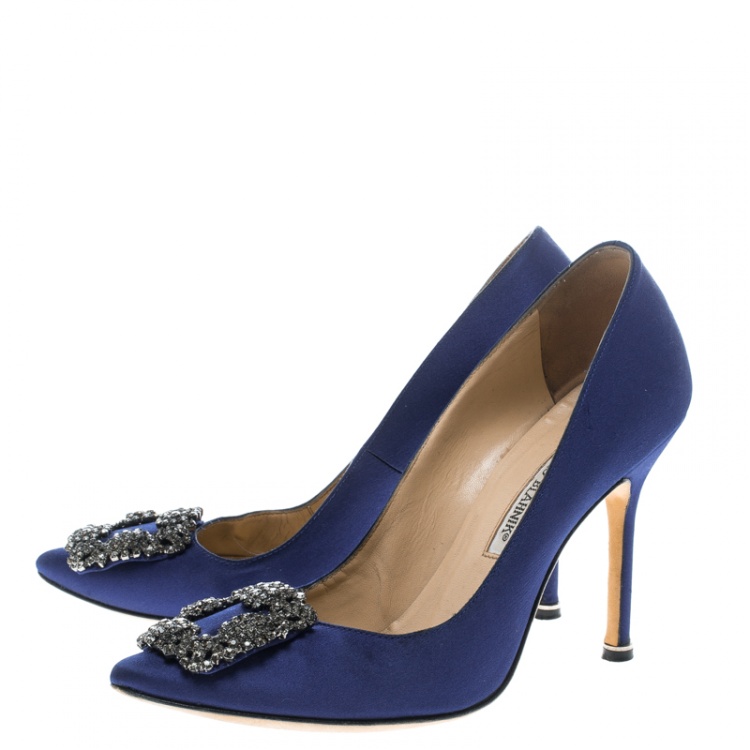 Pre Owned Manolo Blahnik Blue Embellished Satin Hangisi Pumps Size 37