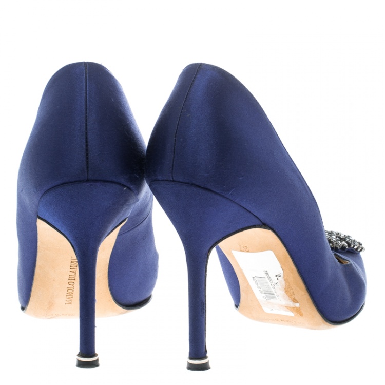 Pre Owned Manolo Blahnik Blue Embellished Satin Hangisi Pumps Size 37