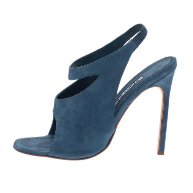 Pre Owned Manolo Blahnik Blue Suede Cutout Slingback Sandals Size 39