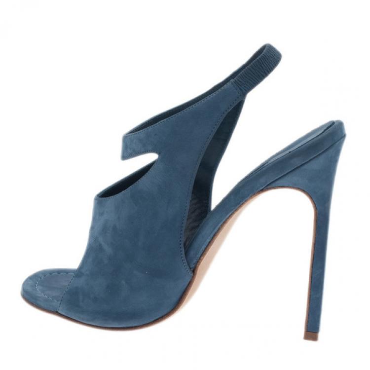 Pre Owned Manolo Blahnik Blue Suede Cutout Slingback Sandals Size 39