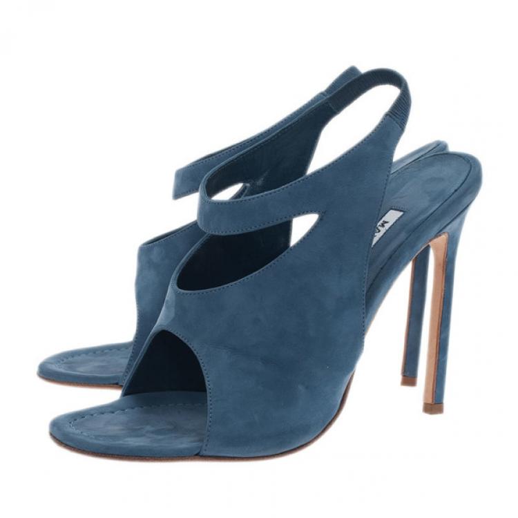 Pre Owned Manolo Blahnik Blue Suede Cutout Slingback Sandals Size 39
