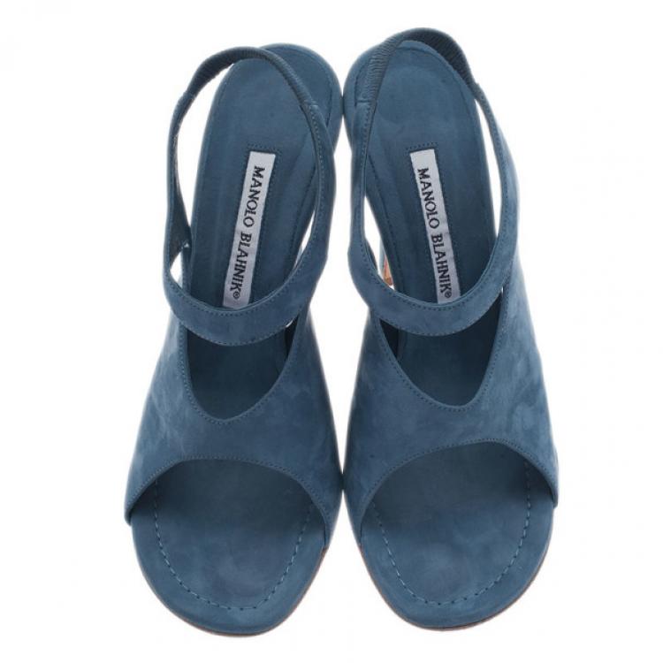 Pre Owned Manolo Blahnik Blue Suede Cutout Slingback Sandals Size 39