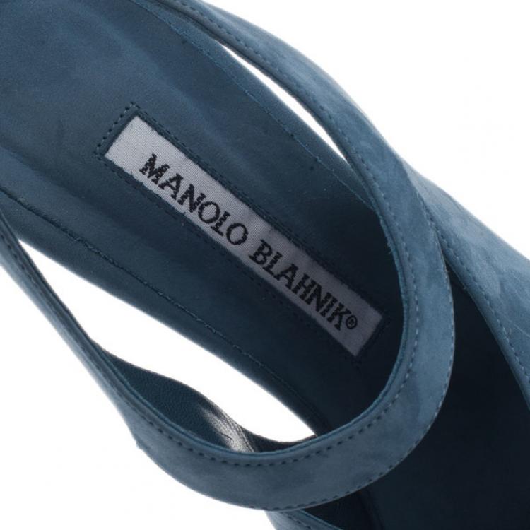 Pre Owned Manolo Blahnik Blue Suede Cutout Slingback Sandals Size 39