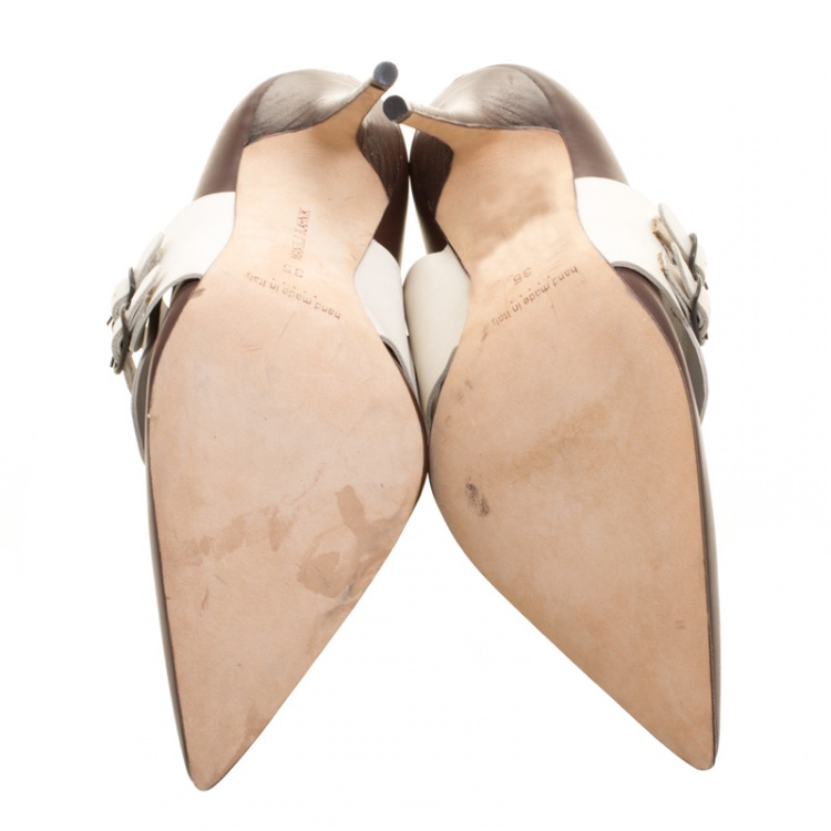 Pre Owned Manolo Blahnik Brown/White Leather Encajada Buckle Accented Pointed Toe Pumps Size 35