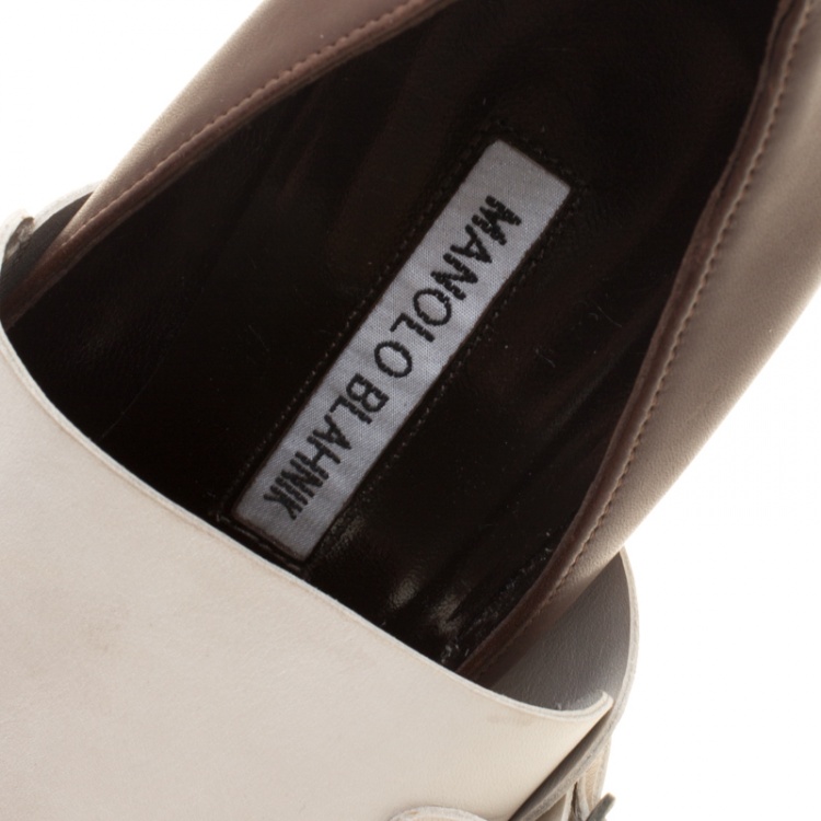 Pre Owned Manolo Blahnik Brown/White Leather Encajada Buckle Accented Pointed Toe Pumps Size 35
