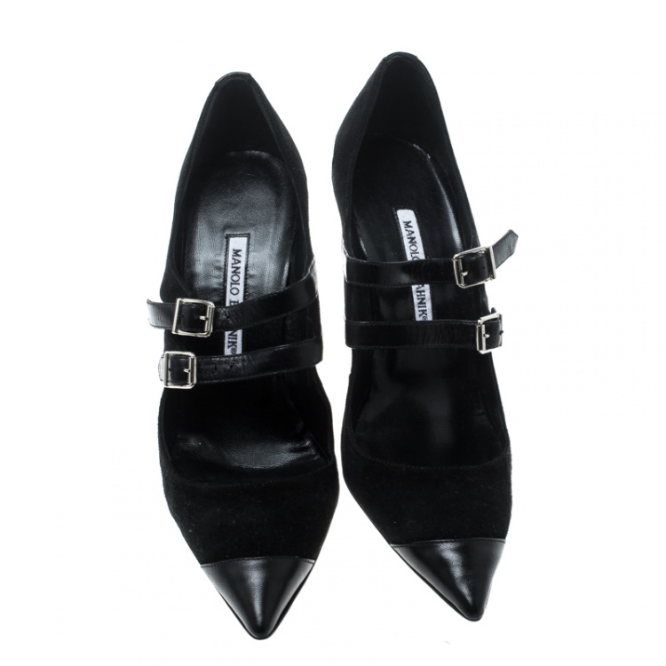 Pre Owned Manolo Blahnik Black Suede and Leather Cap Toe Pumps Size 40