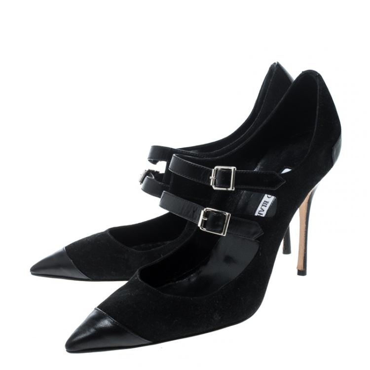 Pre Owned Manolo Blahnik Black Suede and Leather Cap Toe Pumps Size 40