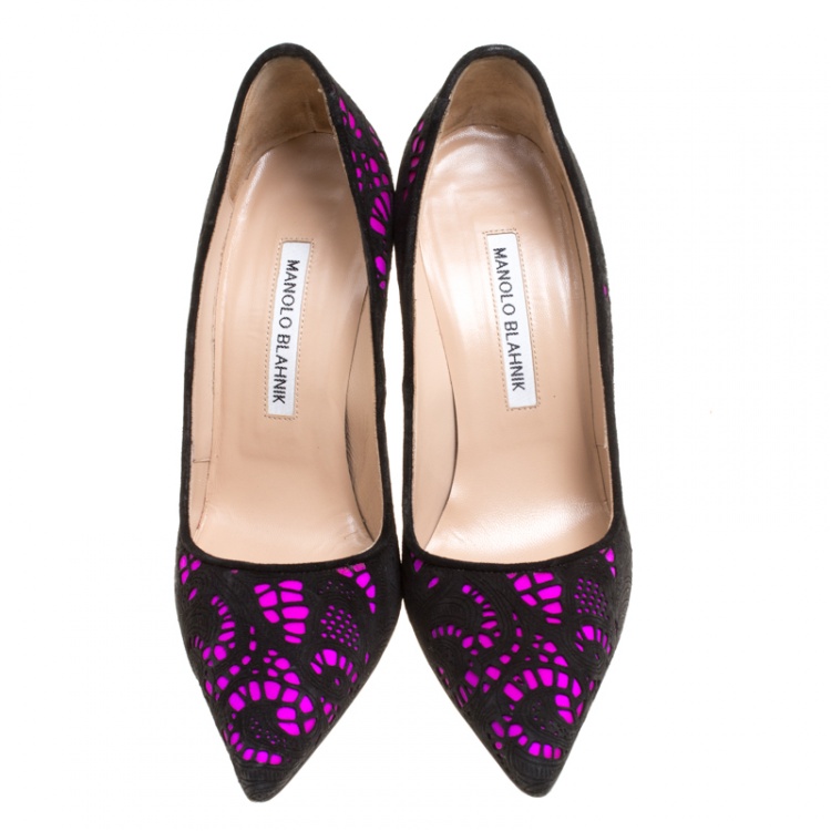 Pre Owned Manolo Blahnik Hot Pink Satin With Laser Cut Suede Bborli Pointed Toe Pumps Size 36