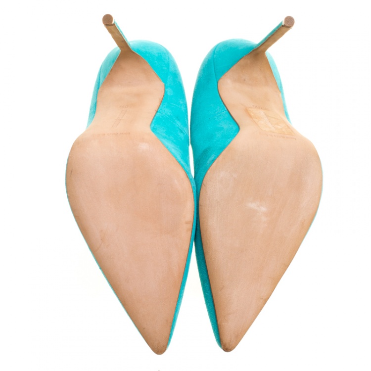 Pre Owned Manolo Blahnik Aqua Green Suede BB Pointed Toe Pumps Size 40.5