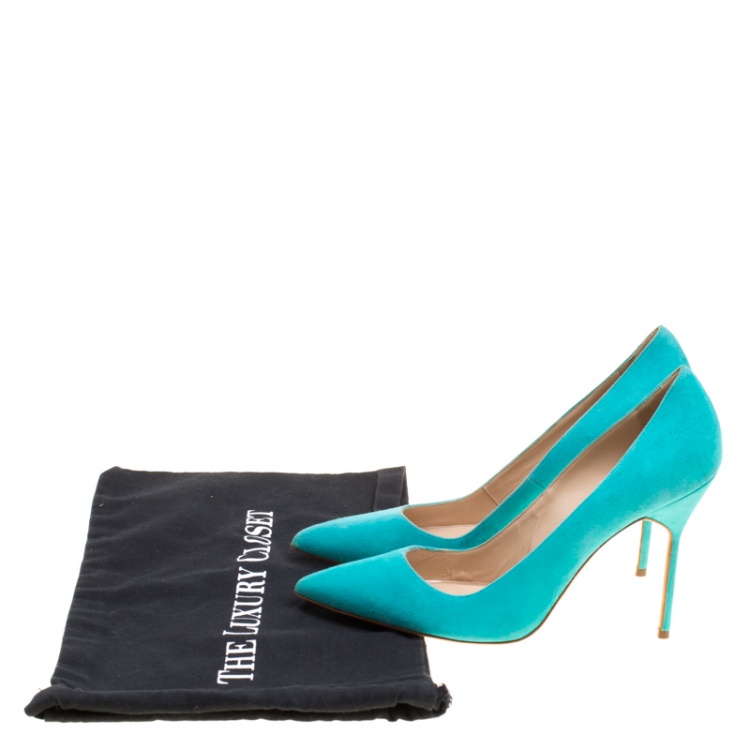 Pre Owned Manolo Blahnik Aqua Green Suede BB Pointed Toe Pumps Size 40.5