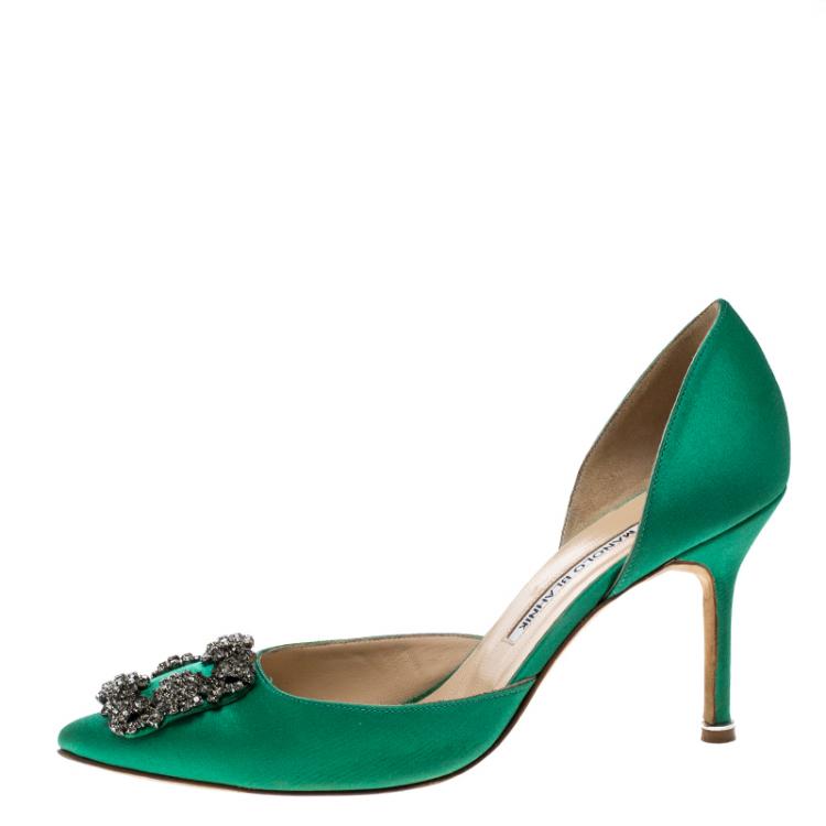 Pre Owned Manolo Blahnik Green Satin Hang Isido D'orsay Pumps Size 38 