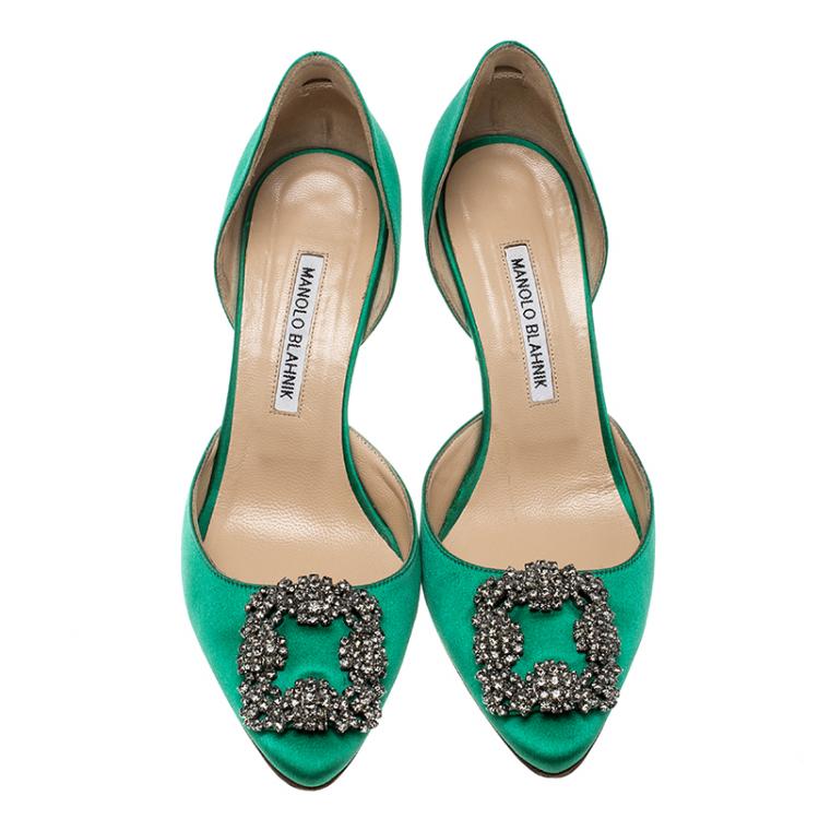 Pre Owned Manolo Blahnik Green Satin Hang Isido D'orsay Pumps Size 38 