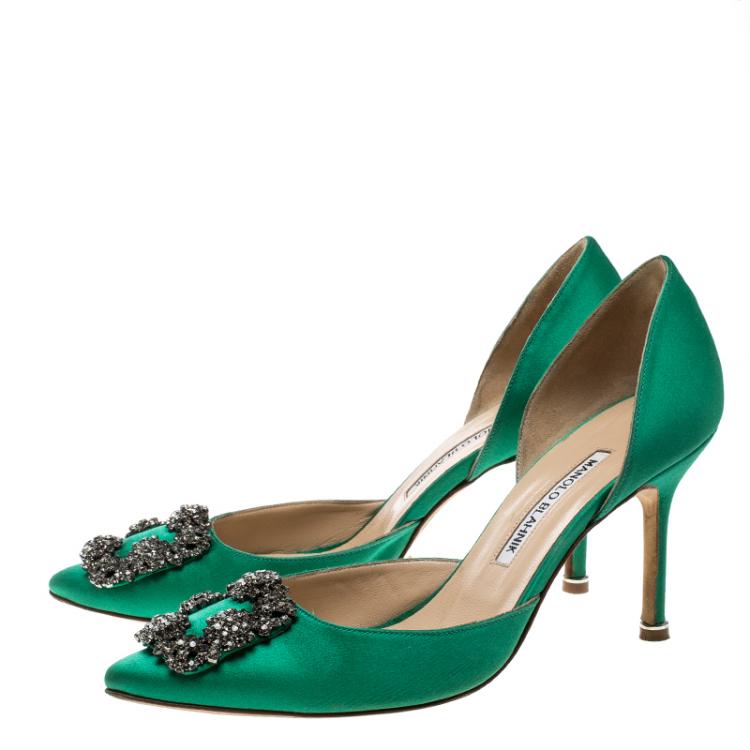 Pre Owned Manolo Blahnik Green Satin Hang Isido D'orsay Pumps Size 38 