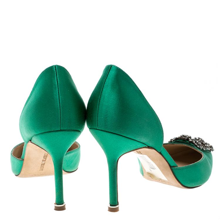 Pre Owned Manolo Blahnik Green Satin Hang Isido D'orsay Pumps Size 38 
