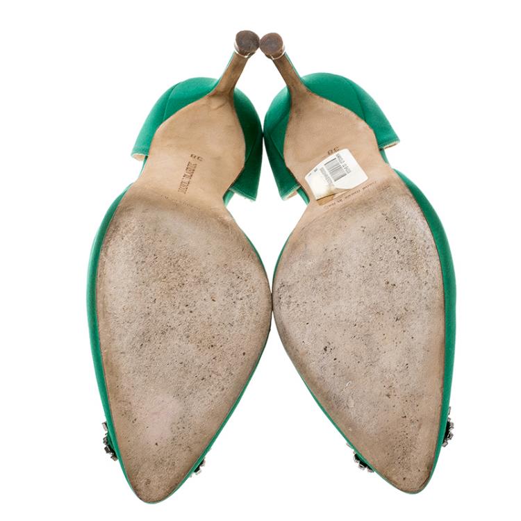 Pre Owned Manolo Blahnik Green Satin Hang Isido D'orsay Pumps Size 38 